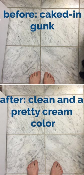 A before-and-after photo of Mytour editor Natalie's grout. The top reads: