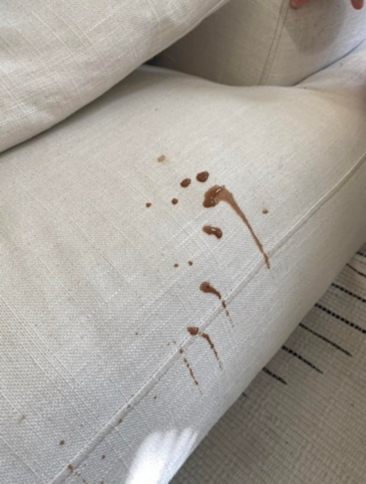 A white couch with noticeable brown stains on the cushions, likely from a spill