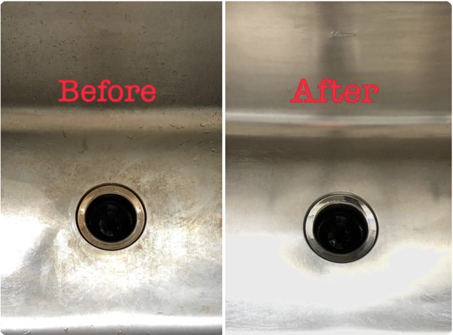 A reviewer's stainless steel sink showing signs of staining with the word