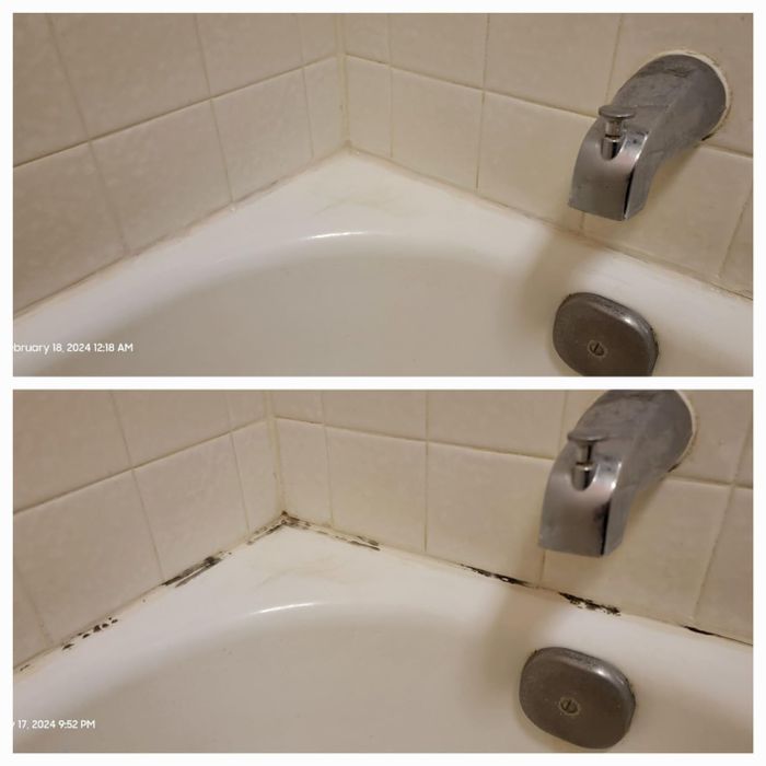Before-and-after images showing a bathtub corner with moldy caulk, followed by the clean, refreshed result after treatment.