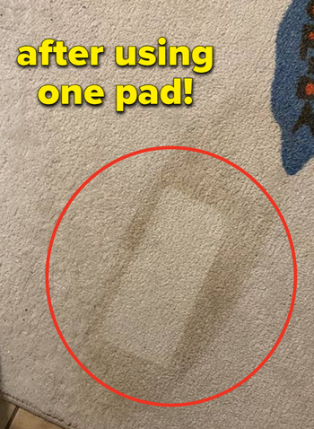 A reviewer’s carpet showing a clean rectangular area where the pad was applied
