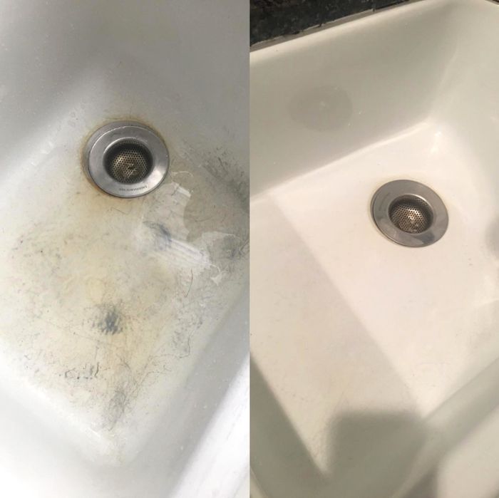 Before: a sink covered in scratches and stains. After: the same sink, now bright, polished, and looking brand new.