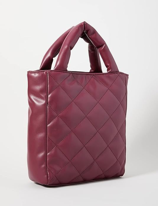 A red faux-leather tote bag with a quilted pattern.