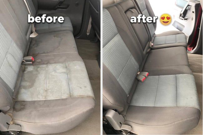 A before-and-after picture of a stained, grimy car interior transformed into a clean, spotless one