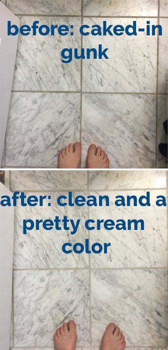 Before: My bathroom grout, grey and gunky. After: A fresh, light cream color.