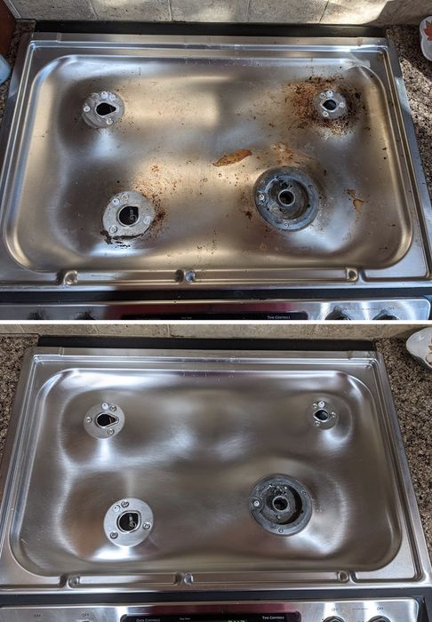 Before: A stainless steel cooktop covered in cooked-on oil splatters. After: A gleaming cooktop with no stains to be seen.