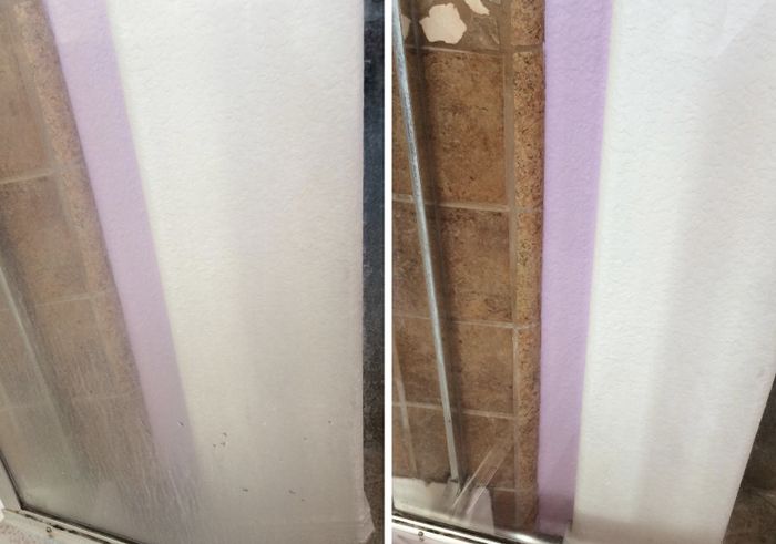 A reviewer’s glass shower door before cleaning, nearly cloudy with mineral buildup, and after, crystal-clear and spotless.