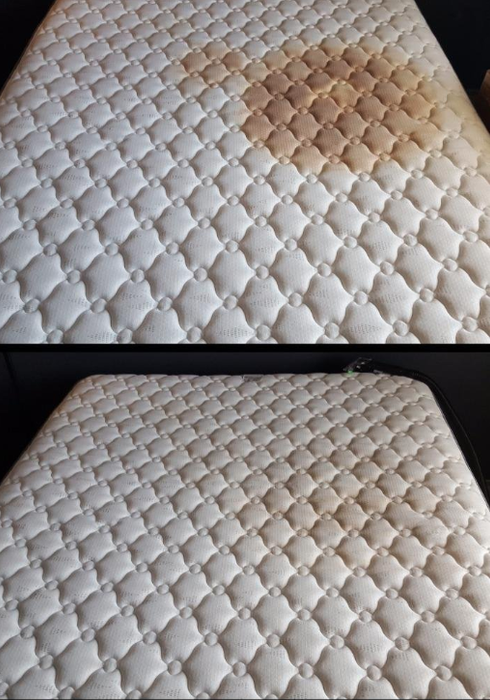 The mattress was reviewed before, showing a large brown stain on one side, and afterward, the stain had faded significantly, to the point where it was barely noticeable.