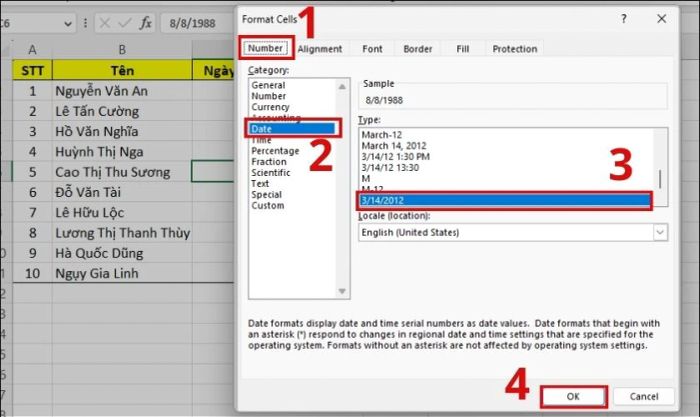 Cách định dạng kiểu Date trong Excel.