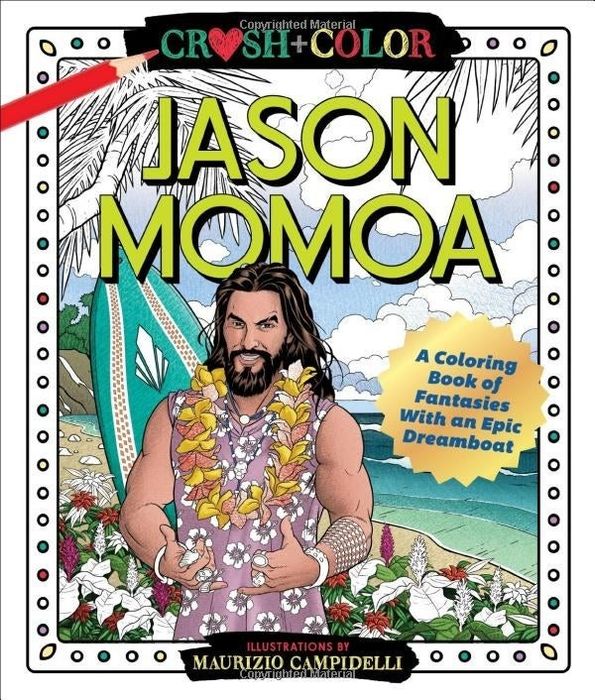 The cover of the coloring book, featuring Jason Momoa striking a pose in front of a surfboard on the beach.