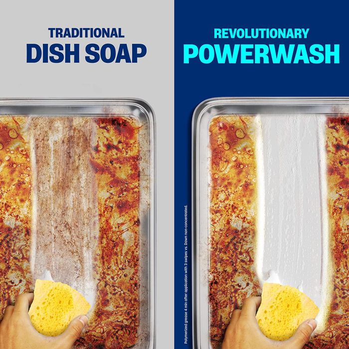 An image showing a regular dish soap struggling to clean a messy pan, while Powerwash effortlessly leaves a clean stripe behind.