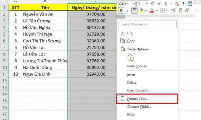 Cách định dạng ngày tháng năm trong Excel.