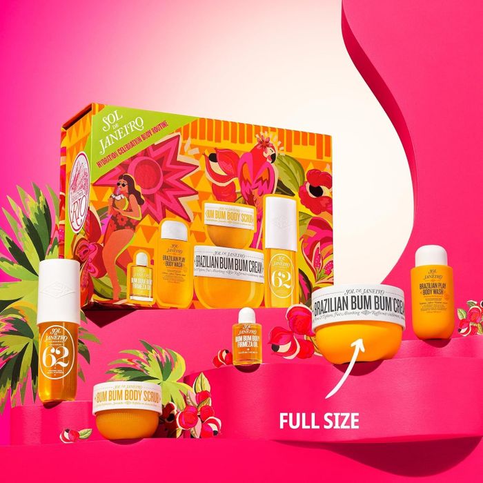 A vibrant Sol de Janeiro beauty gift set featuring Brazilian Bum Bum Cream and other delightful products, with eye-catching packaging. The full-size jar of Bum Bum Cream is prominently displayed.
