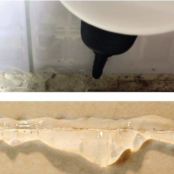 A thick, clear gel adhering to moldy grout; close-up of the bottle’s cap, showing how it dispenses a thin line of gel at a time.