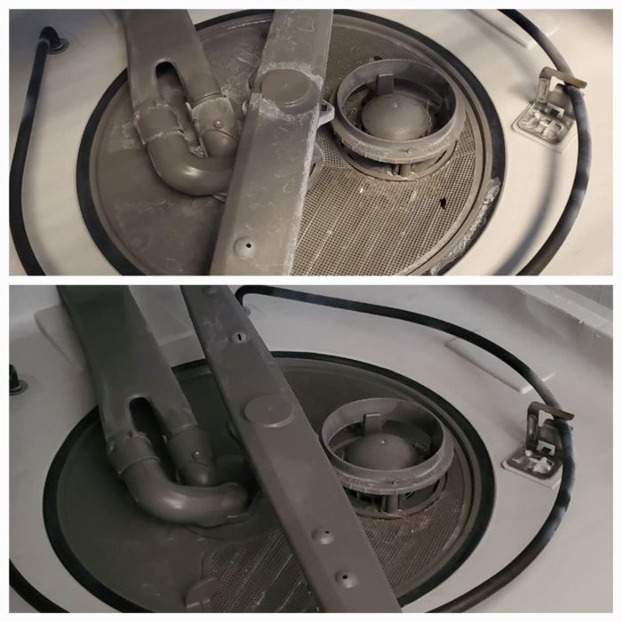 A before-and-after shot of a reviewer's dishwasher, showing the residue before and the spotless interior after using the product
