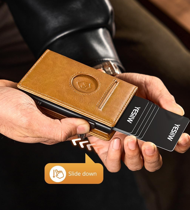 A person holds a leather cardholder with cards effortlessly sliding out. Text: 