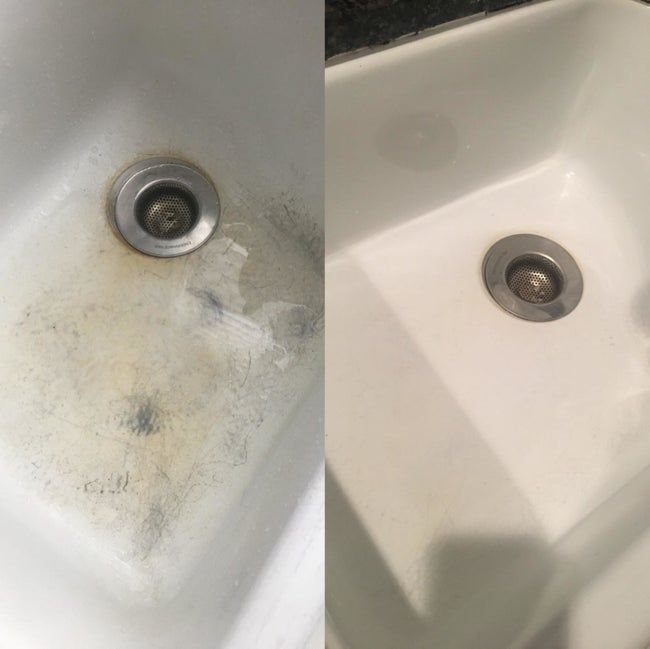 A reviewer's sink: the left side showing numerous scuffs and scratches, and the right side nearly spotless and gleaming clean.