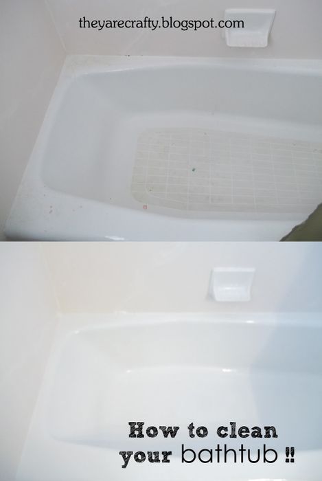 A blogger's bathtub before the clean-up, looking dull and brown with dirt, and after, shining bright and spotless white.
