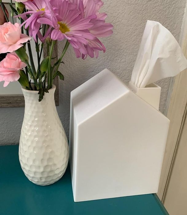 A three-dimensional house-shaped tissue holder placed beside a vase of fresh flowers.