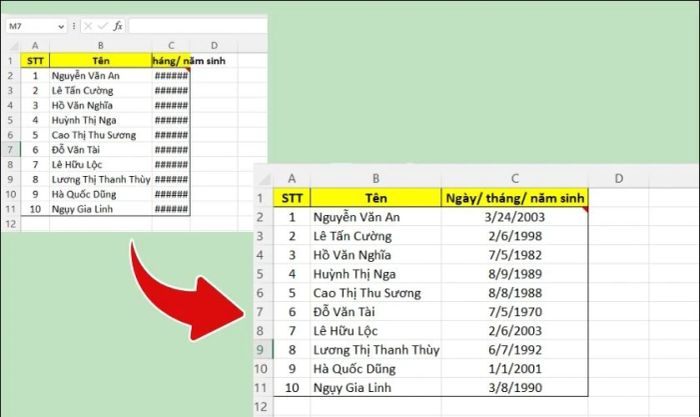 Các lỗi thường gặp khi định dạng ngày tháng năm trong Excel.
