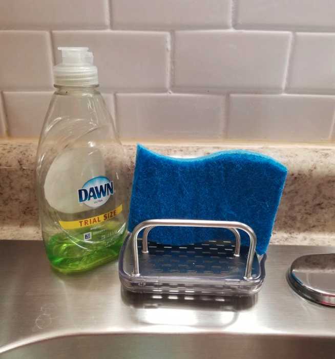reviewer's sponge resting in a stainless steel holder with space for two sponges