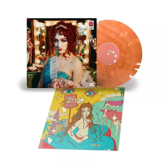 A vinyl record featuring an illustrated album cover of a woman in a beauty pageant setting, showcased in a shopping article.