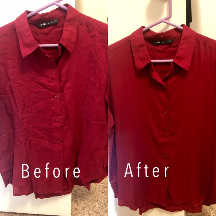 A before-and-after photo from a reviewer showing a red button-down shirt, first wrinkled and then perfectly smooth after use.
