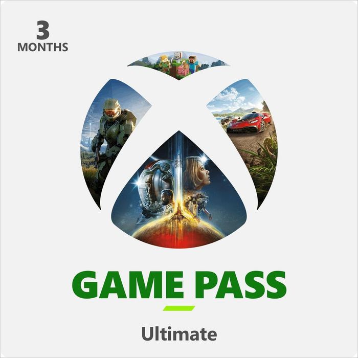 An Xbox Game Pass Ultimate 3-month subscription card, showcasing game artwork within the Xbox logo.