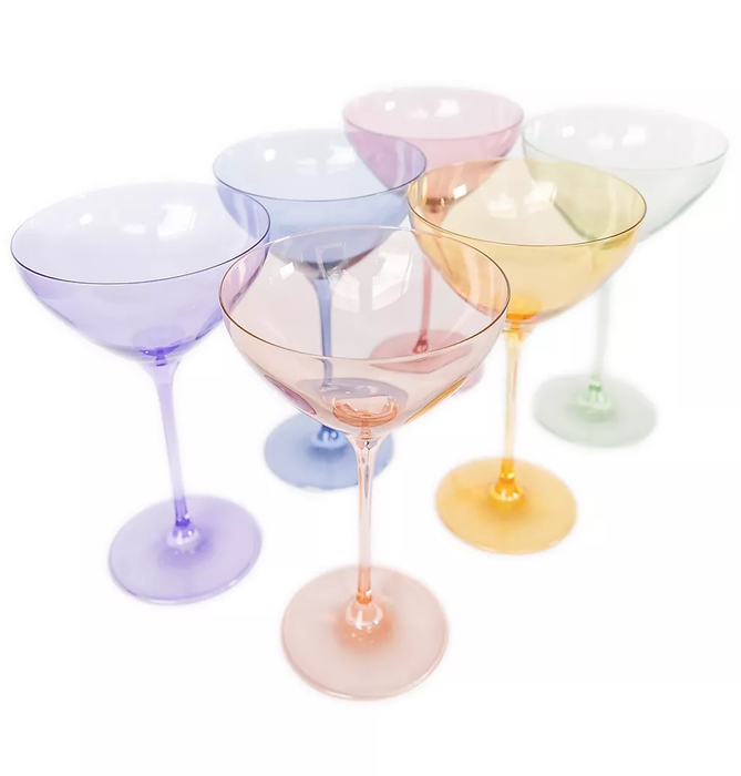 A set of multicolored martini glasses, vibrant and eye-catching.