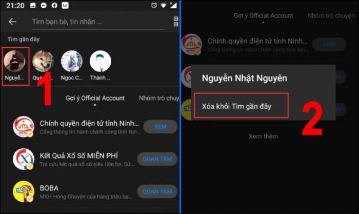 Xóa người dùng khỏi danh sách tìm gần đây