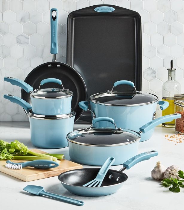 The light blue cookware set.