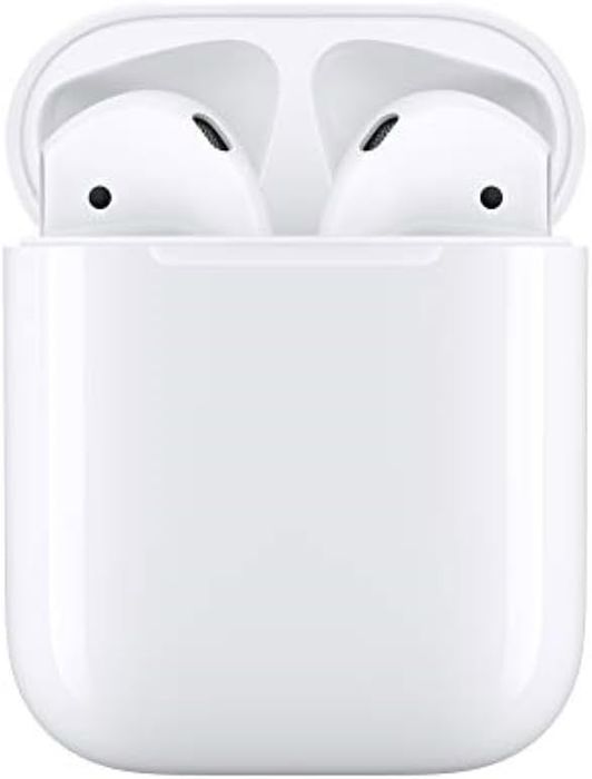 The AirPods neatly tucked inside their charging case