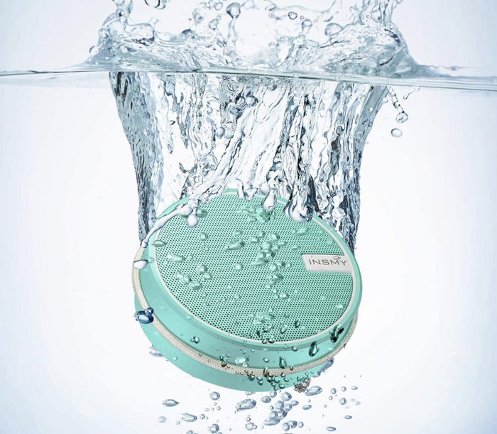 Image of the blue speaker fully submerged in water