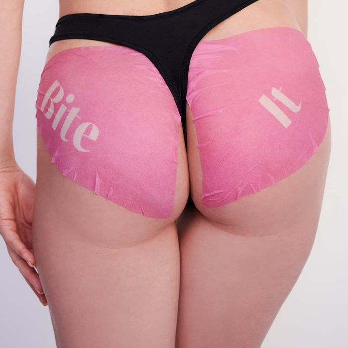 A model wearing two butt sheet masks, one labeled with text.