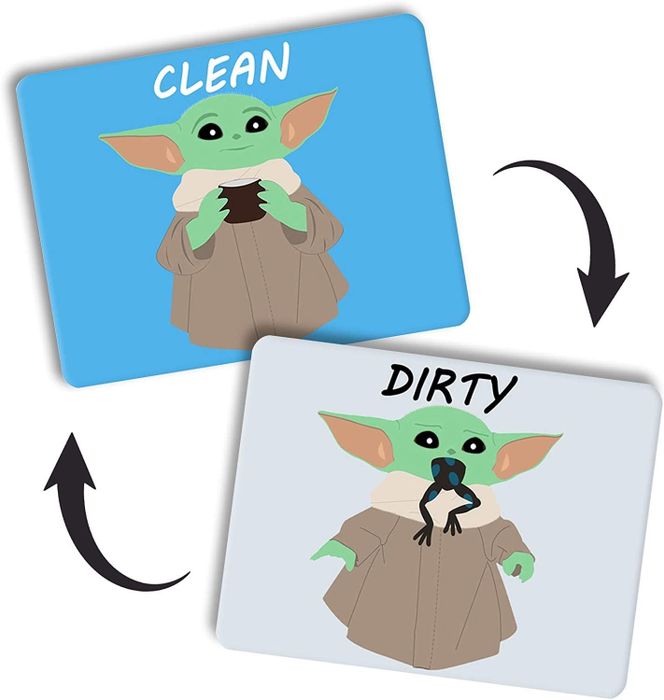A reversible magnet – one side shows Baby Yoda holding a mug with the word 'Clean,' and the other side depicts him eating a frog with 'Dirty' written on it