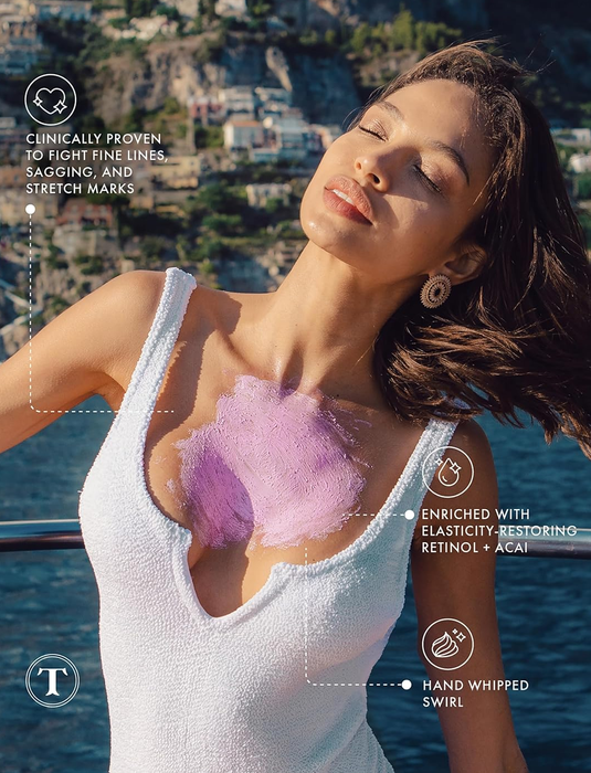 A model showcasing the purple polish applied to her chest area.