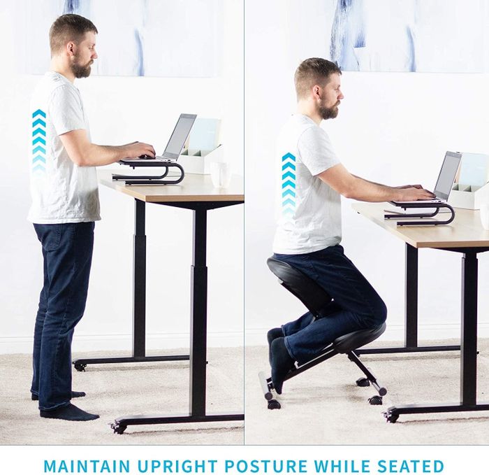 A model demonstrating proper posture by alternating between standing and kneeling on the chair, captured in two images.