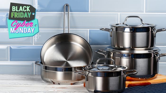 A set of pots and pans resting on a kitchen countertop.