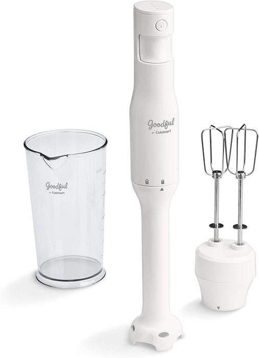 a white stick blender, blending cup, and attachable beaters