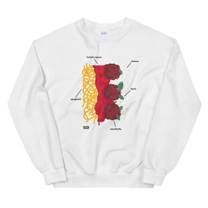 A white sweatshirt adorned with a diagram of the ingredients for spaghetti and meatballs, making it a fun and functional way to showcase your love for the dish.
