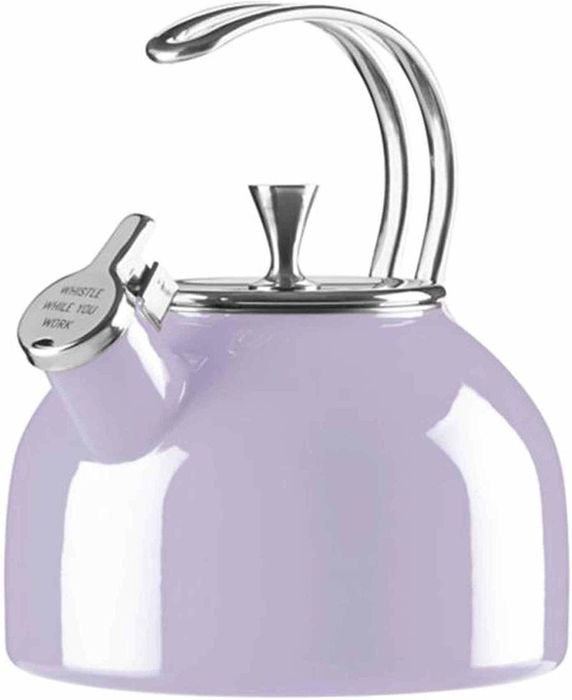 A soft lavender-colored kettle, adding a serene touch to any kitchen.