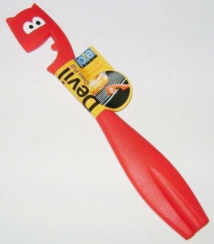 a red, smiling rubber tool with devil horns designed for removing hot oven racks or toaster trays
