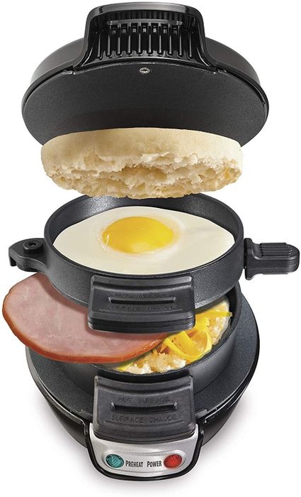 The breakfast sandwich maker, featuring compartments to easily layer the English muffin, egg, and meat for the perfect sandwich.