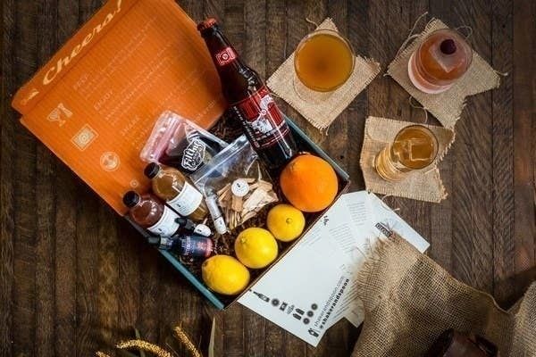 A box filled with cocktail ingredients