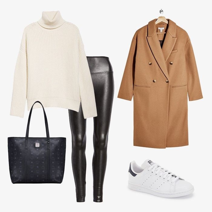 A selection of women's clothing including leggings, a cozy sweater, a stylish pea coat, a fashionable purse, and trendy sneakers.