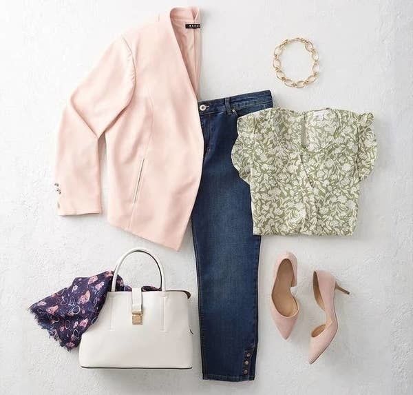 Clothing from Dia &amp; Co including jeans, pumps, a blazer, a blouse, a bracelet, a scarf, and a handbag
