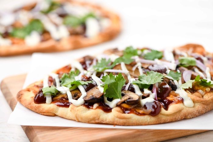 bbq mushroom flatbread with ranch drizzle and cilantro