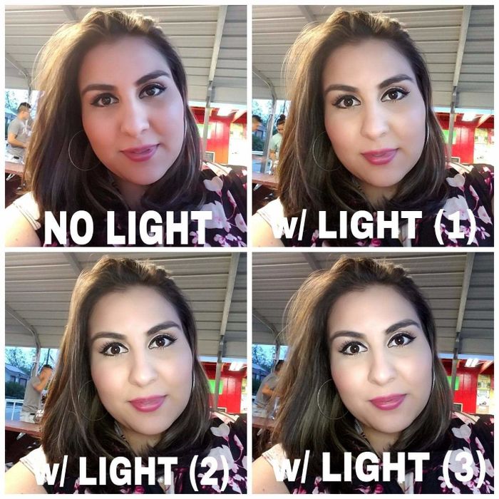 A chart illustrating a reviewer’s before and after photos: dim and dull at first, then glowing bright after using the ring light, making their selfies pop with light.