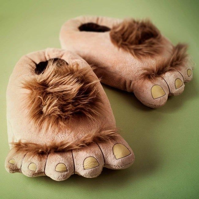 Slippers that resemble hairy hobbit feet.