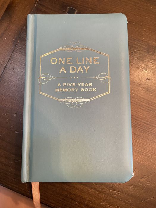 The cover of the delicate, light blue notebook